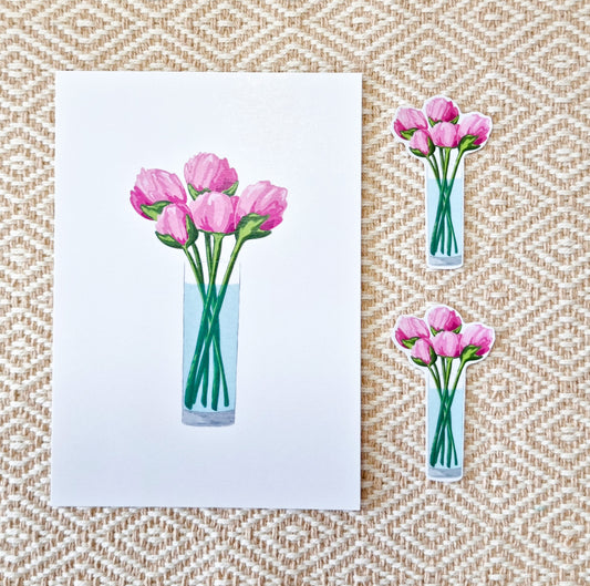 Set Postkarte "Pfingstrosen" + 2 Aufkleber