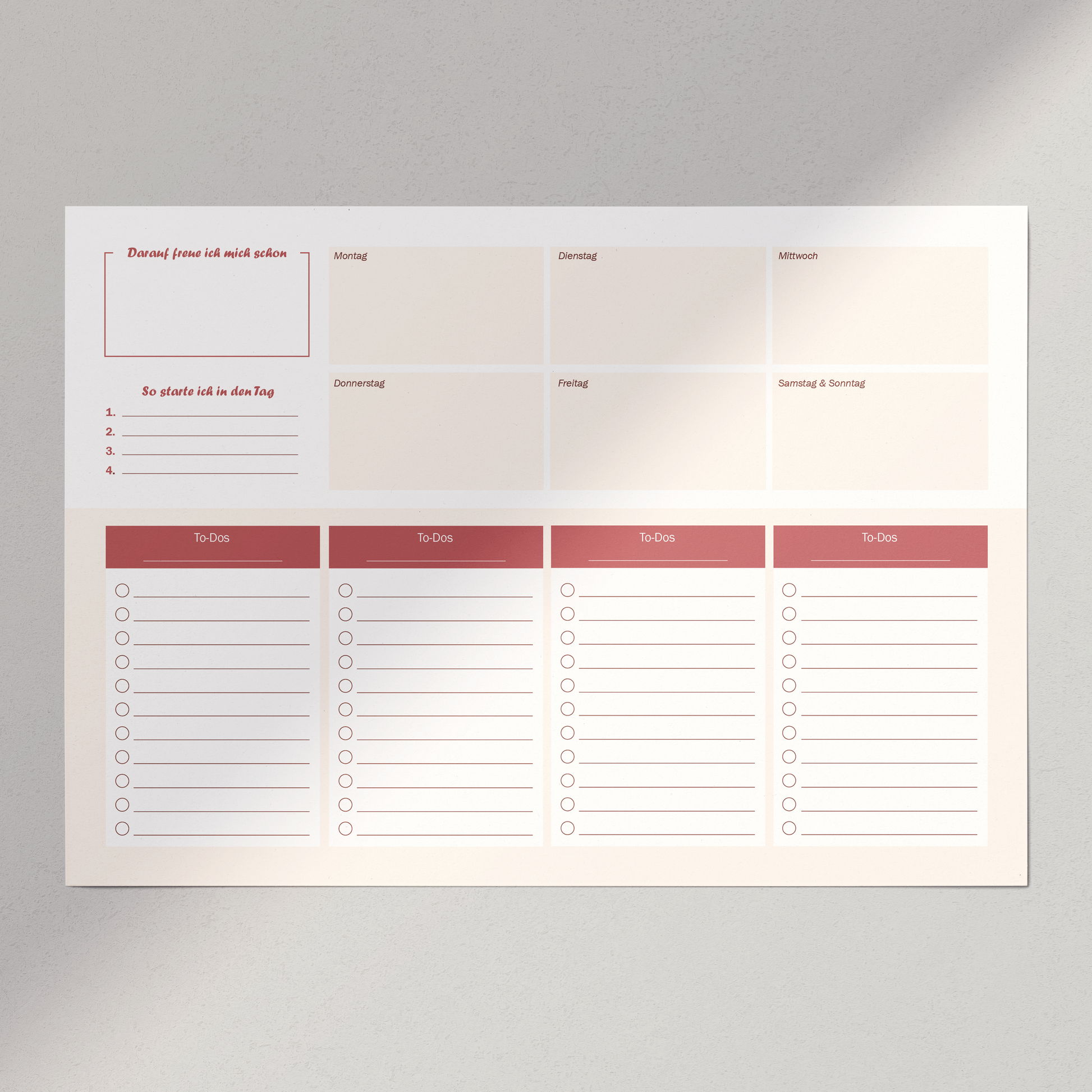 digitaler Wochenplaner zum selbst ausdrucken DIN A4, Farbe: Apricot