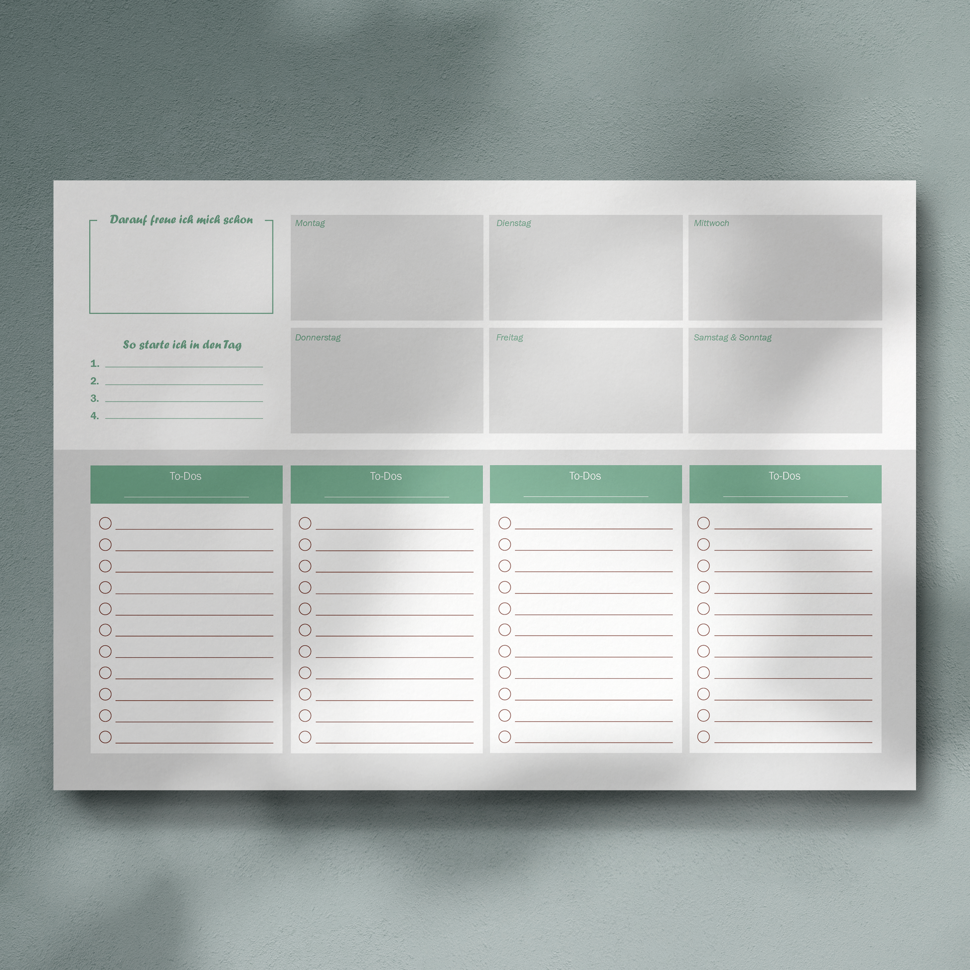 digitaler Wochenplaner zum selbst ausdrucken DIN A4, Farbe: Mint